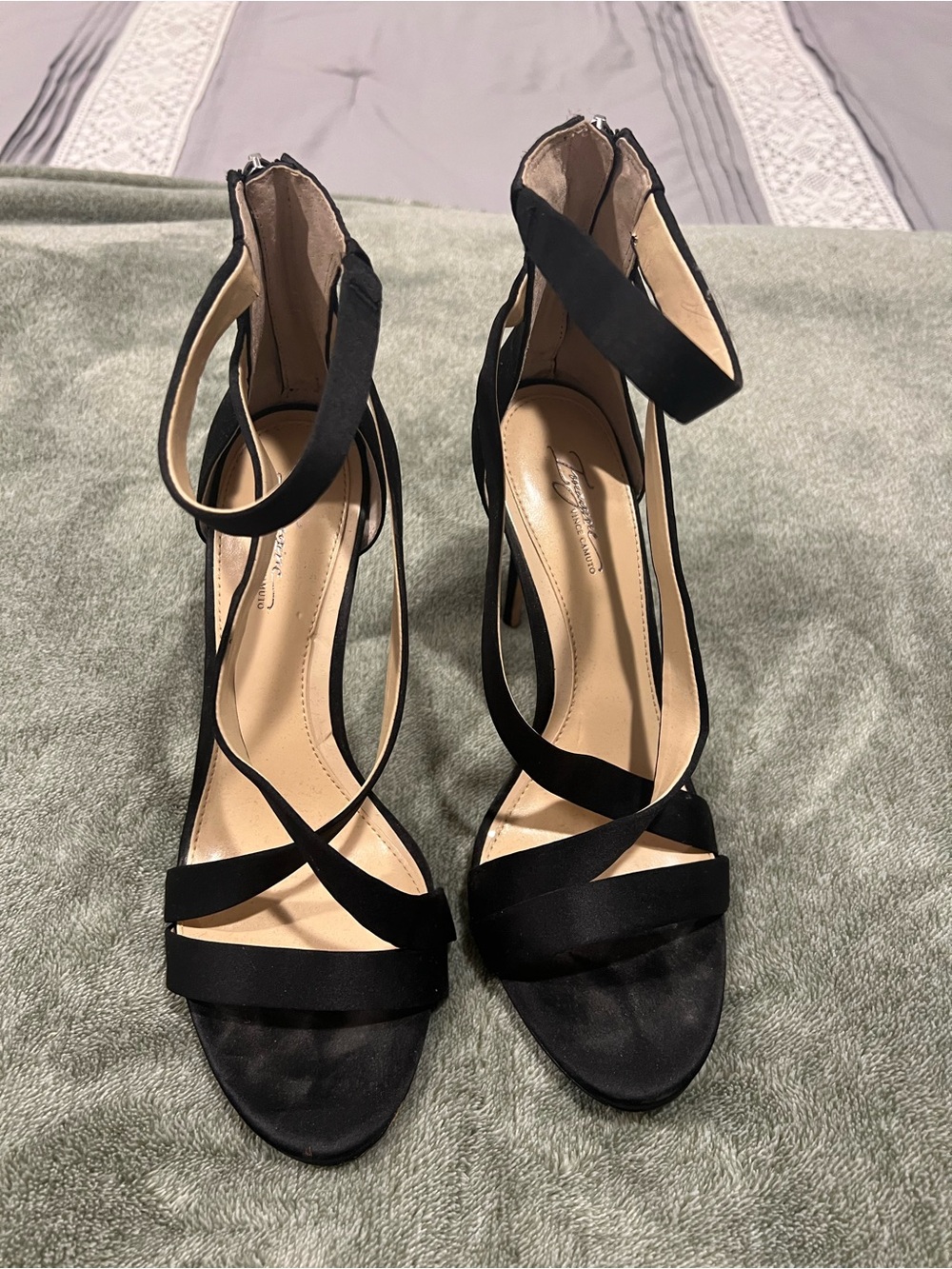 Vince Camuto Black Strappy Ankle-Zip Stiletto Sandals